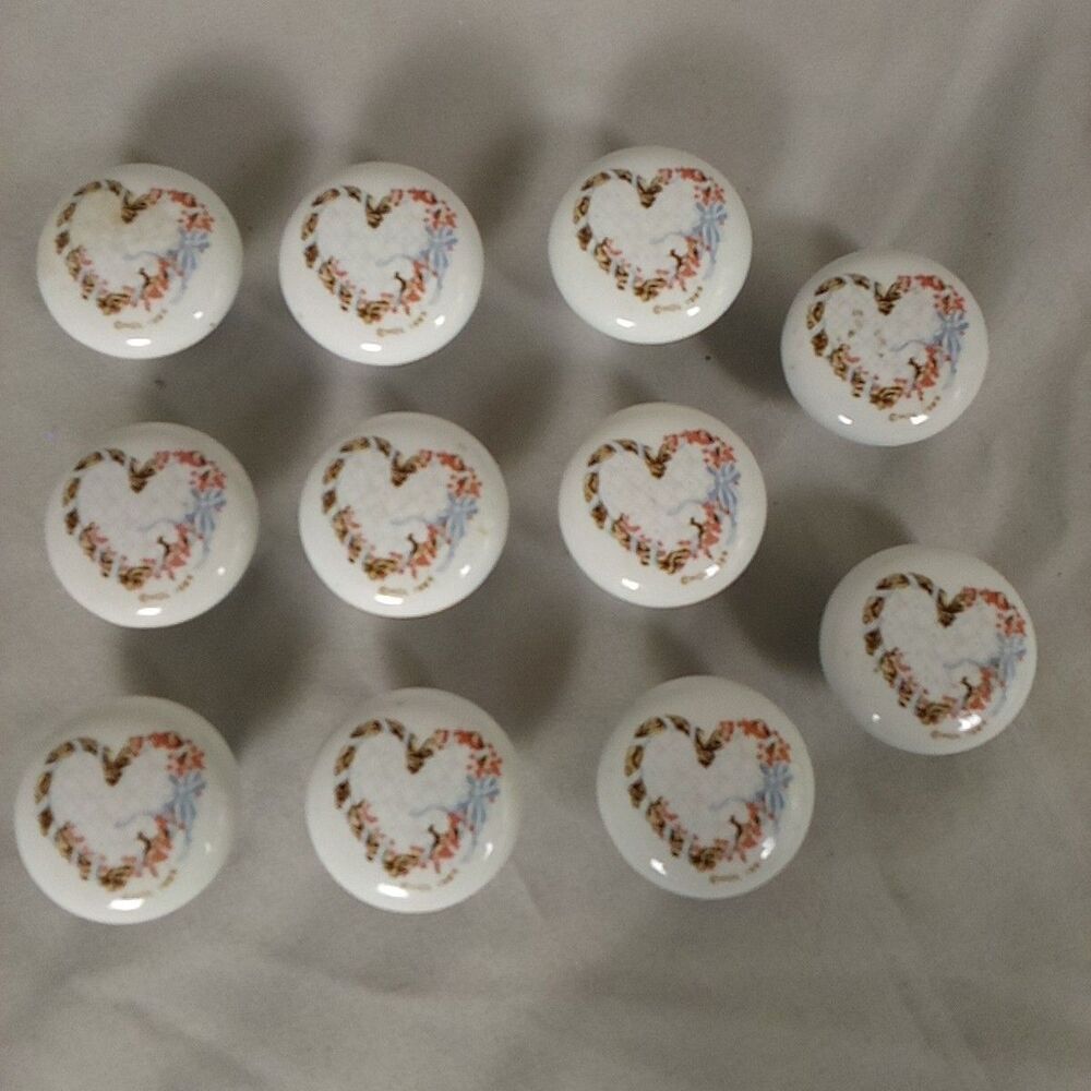 Heart Ribbons Flowers Blue Pink Drawer Cabinet Pull Knob 11 pcs Vintage HOL 1989